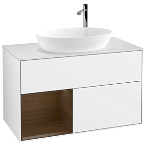Villeroy und Boch Finion Waschtischunterschrank F891GNGF 100cm, Abdeckplatte white matt, Regale Walnut Veneer, Glossy white lacquer