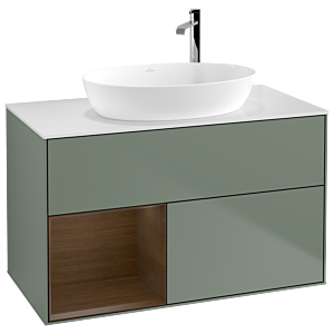 Villeroy und Boch Finion Waschtischunterschrank F891GNGM 100cm, Abdeckplatte white matt, Regale Walnut Veneer, Olive Matt Lacquer