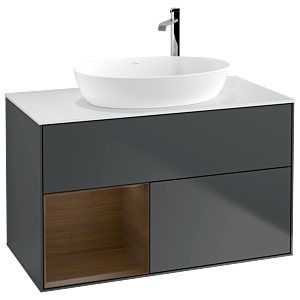 Villeroy und Boch Finion Waschtischunterschrank F891GNHG 100cm, Abdeckplatte white matt, Regale Walnut Veneer, Midnight Blue Matt Lacquer