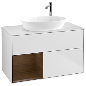 Villeroy und Boch Finion Waschtischunterschrank F891GNMT 100cm, Abdeckplatte white matt, Regale Walnut Veneer, White matt lacquer