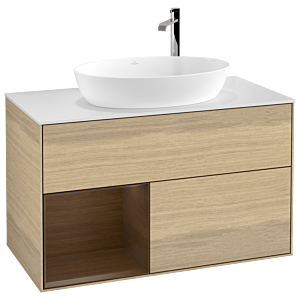 Villeroy und Boch Finion Waschtischunterschrank F891GNPC 100cm, Abdeckplatte white matt, Regale Walnut Veneer, Oak Veneer