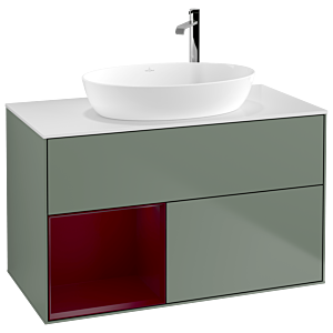 Villeroy et Boch Finion Villeroy et Boch F891HBGM 100cm, plaque de recouvrement blanc mat, étagères Peony laqué mat, Olive Matt Lacquer