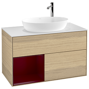 Villeroy et Boch Finion Villeroy et Boch F891HBPC 100cm, plaque de recouvrement blanc mat, étagères Peony laqué mat, Oak Veneer