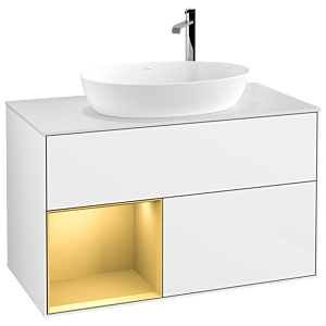 Villeroy et Boch Finion Villeroy et Boch F891HFGF 100cm, plaque de recouvrement blanc mat, étagères laqué or mat, laqué blanc brillant