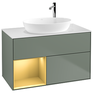 Villeroy et Boch Finion Villeroy et Boch F891HFGM 100cm, plaque de recouvrement blanc mat, étagères laqué mat or, Olive Matt Lacquer
