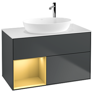 Villeroy et Boch Finion Villeroy et Boch F891HFHG 100cm, plaque de recouvrement blanc mat, étagères laqué mat or, Midnight Blue Matt Lacquer