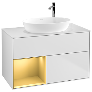 Villeroy et Boch Finion Villeroy et Boch F891HFMT 100cm, plaque de recouvrement blanc mat, étagères laqué mat doré, laqué blanc mat