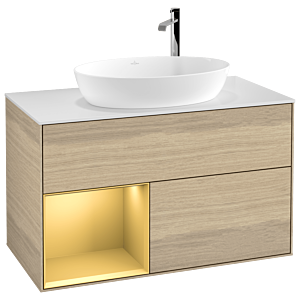 Villeroy et Boch Finion Villeroy et Boch F891HFPC 100cm, plaque de recouvrement blanc mat, étagères laqué mat or, Oak Veneer