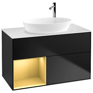 Villeroy et Boch Finion Villeroy et Boch F891HFPD 100cm, plaque de recouvrement blanc mat, étagères laqué or mat, laqué noir mat