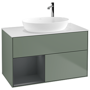 Villeroy et Boch Finion Villeroy et Boch F891HGGM 100cm, plaque de recouvrement blanc mat, étagères laqué mat Midnight, Olive Matt Lacquer