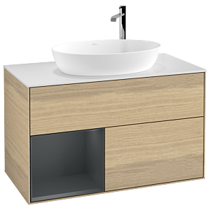 Villeroy et Boch Finion Villeroy et Boch F891HGPC 100cm, plaque de recouvrement blanc mat, étagères laqué mat Midnight, Oak Veneer
