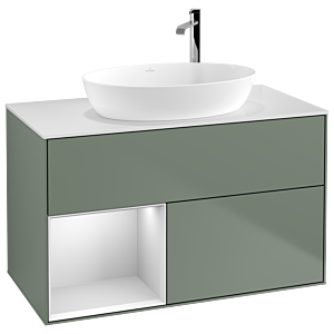 Villeroy et Boch Finion Villeroy et Boch F891MTGM 100cm, plaque de recouvrement blanc mat, étagères laqué blanc mat, Olive Matt Lacquer
