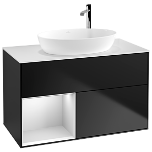 Villeroy et Boch Finion Villeroy et Boch F891MTPD 100cm, plaque de recouvrement blanc mat, étagères laqué blanc mat, laqué noir mat