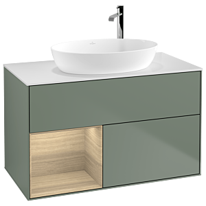 Villeroy et Boch Finion Villeroy et Boch F891PCGM 100cm, plaque de recouvrement blanc mat, étagères Oak Veneer , Olive Matt Lacquer