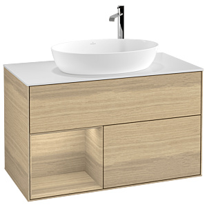 Villeroy et Boch Finion Villeroy et Boch F891PCPC 100cm, plaque de recouvrement blanc mat, étagères Oak Veneer , Oak Veneer