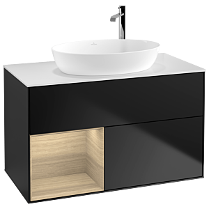 Villeroy und Boch Finion Waschtischunterschrank F891PCPD 100cm, Abdeckplatte white matt, Regale Oak Veneer, Black matt lacquer