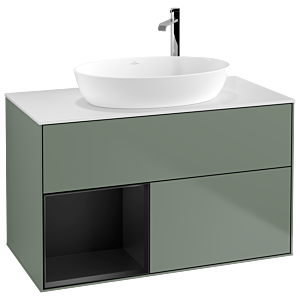 Villeroy et Boch Finion Villeroy et Boch F891PDGM 100cm, plaque de recouvrement blanc mat, étagères laqué noir mat, Olive Matt Lacquer