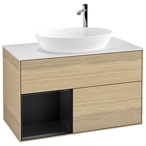 Villeroy et Boch Finion Villeroy et Boch F891PDPC 100cm, plaque de recouvrement blanc mat, étagères laqué noir mat, Oak Veneer