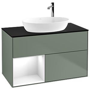 Villeroy und Boch Finion Waschtischunterschrank F892GFGM 100cm, Abdeckplatte black matt, Regale Glossy white lacquer, Olive Matt Lacquer