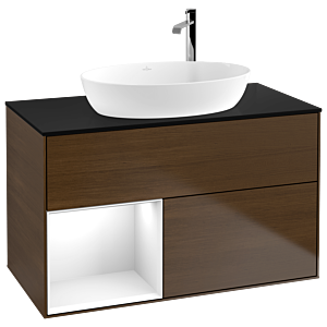 Villeroy et Boch Finion Villeroy et Boch F892GFGN 100cm, plaque de recouvrement noir mat, étagères Laque blanche brillante, placage noyer