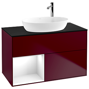 Villeroy und Boch Finion Waschtischunterschrank F892GFHB 100cm, Abdeckplatte black matt, Regale Glossy white lacquer, Peony Matt