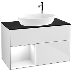 Villeroy et Boch Finion Villeroy et Boch F892GFMT 100cm, plaque de recouvrement noir mat, étagères laqué blanc brillant, laqué blanc mat