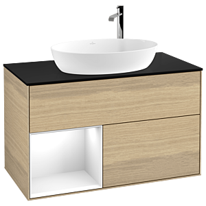 Villeroy et Boch Finion Villeroy et Boch F892GFPC 100cm, plaque de recouvrement noir mat, étagères Laque blanche brillante, Oak Veneer