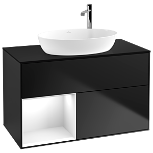 Villeroy et Boch Finion Villeroy et Boch F892GFPD 100cm, plaque de recouvrement noir mat, étagères Laque blanche brillante, laque noire mate