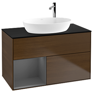 Villeroy und Boch Finion Waschtischunterschrank F892GKGN 100cm, Abdeckplatte black matt, Regale Anthracite matt lacquer, Walnut veneer