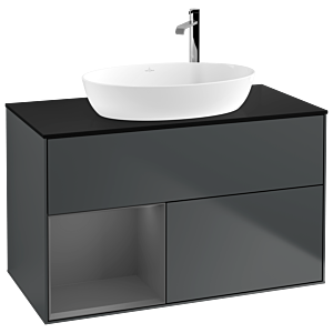 Villeroy und Boch Finion Waschtischunterschrank F892GKHG 100cm, Abdeckplatte black matt, Regale Anthracite matt lacquer, Midnight Blue Matt Lacquer