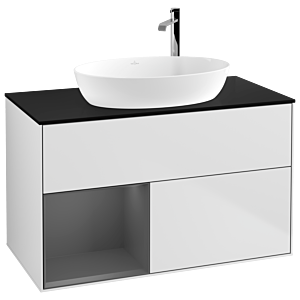 Villeroy et Boch Finion Villeroy et Boch F892GKMT 100cm, plaque de recouvrement noire mate, étagères laqué mat anthracite, laqué blanc mat