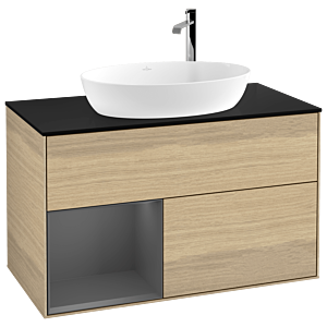 Villeroy und Boch Finion Waschtischunterschrank F892GKPC 100cm, Abdeckplatte black matt, Regale Anthracite matt lacquer, Oak Veneer