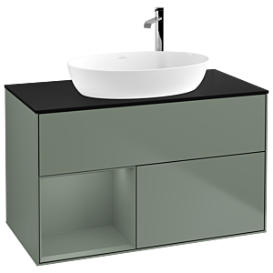 Villeroy und Boch Finion Waschtischunterschrank F892GMGM 100cm, Abdeckplatte black matt, Regale Olive matt lacquer, Olive Matt Lacquer