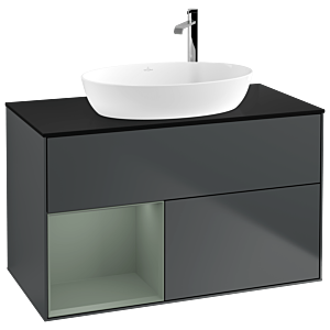 Villeroy und Boch Finion Waschtischunterschrank F892GMHG 100cm, Abdeckplatte black matt, Regale Olive matt lacquer, Midnight Blue Matt Lacquer
