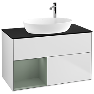 Villeroy et Boch Finion Villeroy et Boch F892GMMT 100cm, plaque de recouvrement noir mat, étagères laqué olive mat, laqué blanc mat