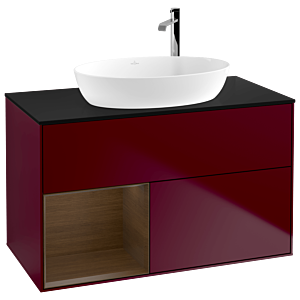 Villeroy und Boch Finion Waschtischunterschrank F892GNHB 100cm, Abdeckplatte black matt, Regale Walnut Veneer, Peony Matt