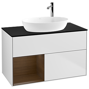 Villeroy und Boch Finion Waschtischunterschrank F892GNMT 100cm, Abdeckplatte black matt, Regale Walnut Veneer, White matt lacquer