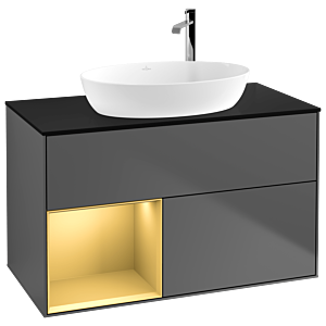 Villeroy und Boch Finion Waschtischunterschrank F892HFGK 100cm, Abdeckplatte black matt, Regale Gold matt lacquer, Anthracite matt