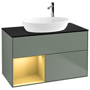 Villeroy und Boch Finion Waschtischunterschrank F892HFGM 100cm, Abdeckplatte black matt, Regale Gold matt lacquer, Olive Matt Lacquer