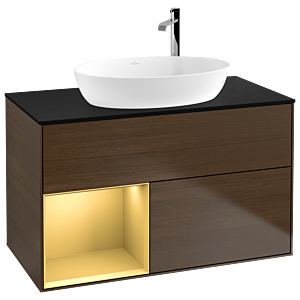 Villeroy und Boch Finion Waschtischunterschrank F892HFGN 100cm, Abdeckplatte black matt, Regale Gold matt lacquer, Walnut veneer