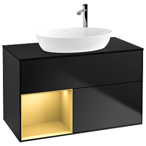 Villeroy und Boch Finion Waschtischunterschrank F892HFPD 100cm, Abdeckplatte black matt, Regale Gold matt lacquer, Black matt lacquer