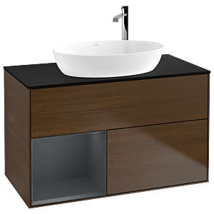 Villeroy et Boch Finion Villeroy et Boch F892HGGN 100cm, plaque de recouvrement noire mate, étagères laqué mat Midnight, placage noyer