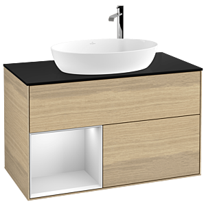 Villeroy et Boch Finion Villeroy et Boch F892MTPC 100cm, plaque de recouvrement noir mat, étagères laqué blanc mat, Oak Veneer