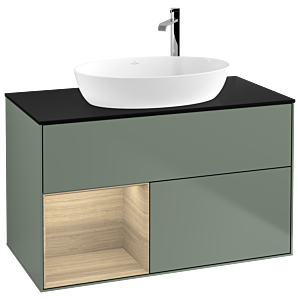 Villeroy und Boch Finion Waschtischunterschrank F892PCGM 100cm, Abdeckplatte black matt, Regale Oak Veneer, Olive Matt Lacquer