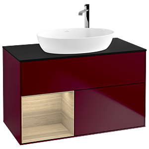 Villeroy und Boch Finion Waschtischunterschrank F892PCHB 100cm, Abdeckplatte black matt, Regale Oak Veneer, Peony Matt