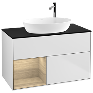 Villeroy et Boch Finion Villeroy et Boch F892PCMT 100cm, plaque de recouvrement noir mat, étagères Oak Veneer , laqué blanc mat