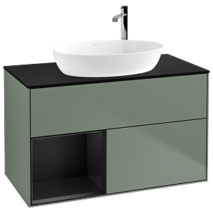 Villeroy et Boch Finion Villeroy et Boch F892PDGM 100cm, plaque de recouvrement noir mat, étagères laqué noir mat, Olive Matt Lacquer