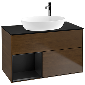 Villeroy und Boch Finion Waschtischunterschrank F892PDGN 100cm, Abdeckplatte black matt, Regale Black matt lacquer, Walnut veneer