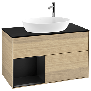 Villeroy et Boch Finion Villeroy et Boch F892PDPC 100cm, plaque de recouvrement noire mate, étagères en laque noire mate, Oak Veneer