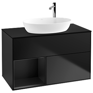 Villeroy et Boch Finion Villeroy et Boch F892PDPD 100cm, plaque de recouvrement noire mate, étagères en laque noire mate, laque noire mate